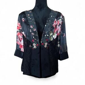 Studio VK Floral Embroidered Lace Kimono Jacket Black Sheer Sleeves PL